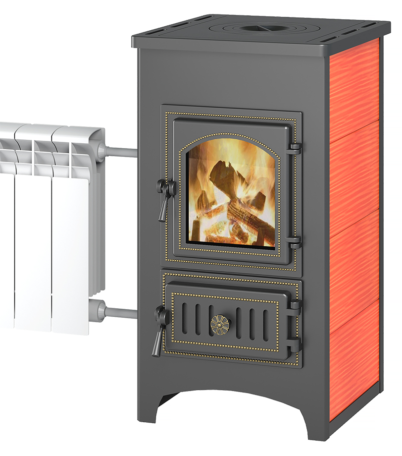 Печь-камин Везувий ПК-01 (270) красный с плитой и теплообменником для отопления дома Печь-камин отопительный Везувий ПК-01 (270) красный с плитой и теплообменником